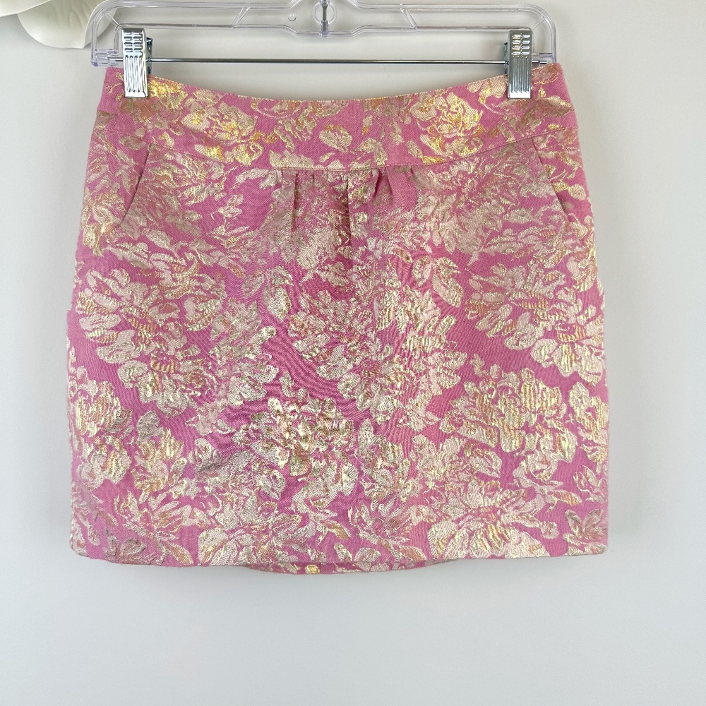 TWENTY ONE Pink And Metallic Gold Floral Mini Skirt / Size Small